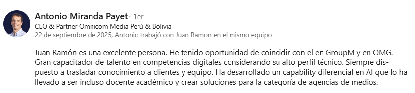 Recomendación de Antonio Miranda Payet, CEO & Partner Omnicom Media Perú & Bolivia.