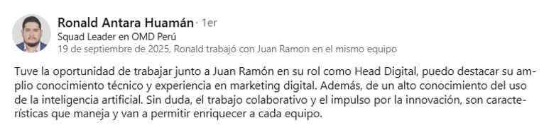 Recomendación de Ronald Antara Huamán, Squad Leader en OMD Perú.