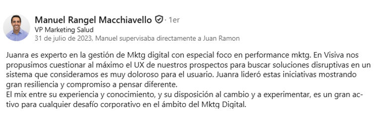 Recomendación de Manuel Rangel Macchiavello, VP Marketing Salud.